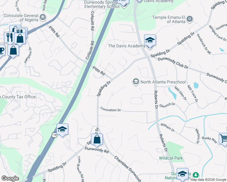 map of restaurants, bars, coffee shops, grocery stores, and more near 1245 Spalding Drive in Atlanta