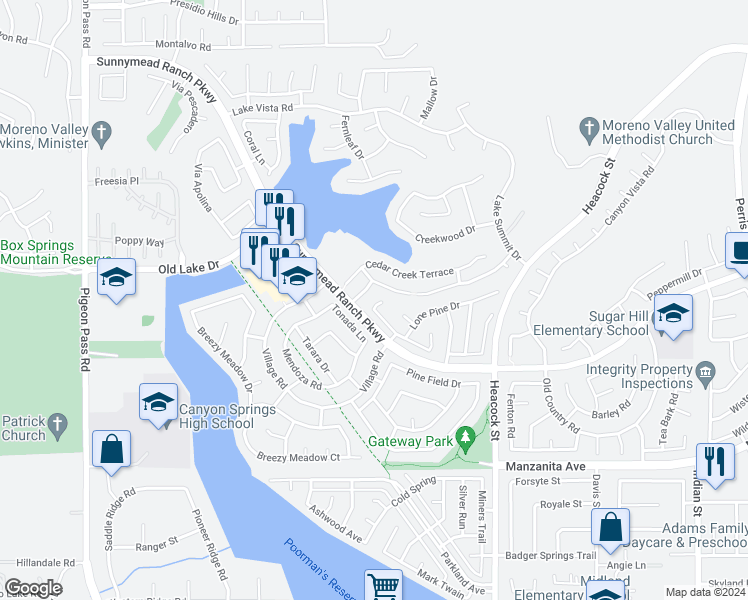 map of restaurants, bars, coffee shops, grocery stores, and more near 23687 Bouquet Canyon Place in Moreno Valley