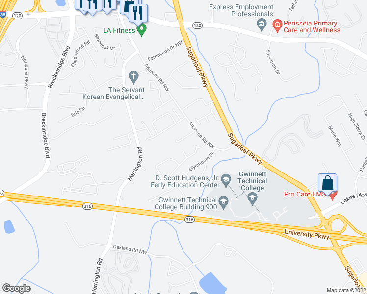 map of restaurants, bars, coffee shops, grocery stores, and more near 1545 Maple Pointe Court in Lawrenceville
