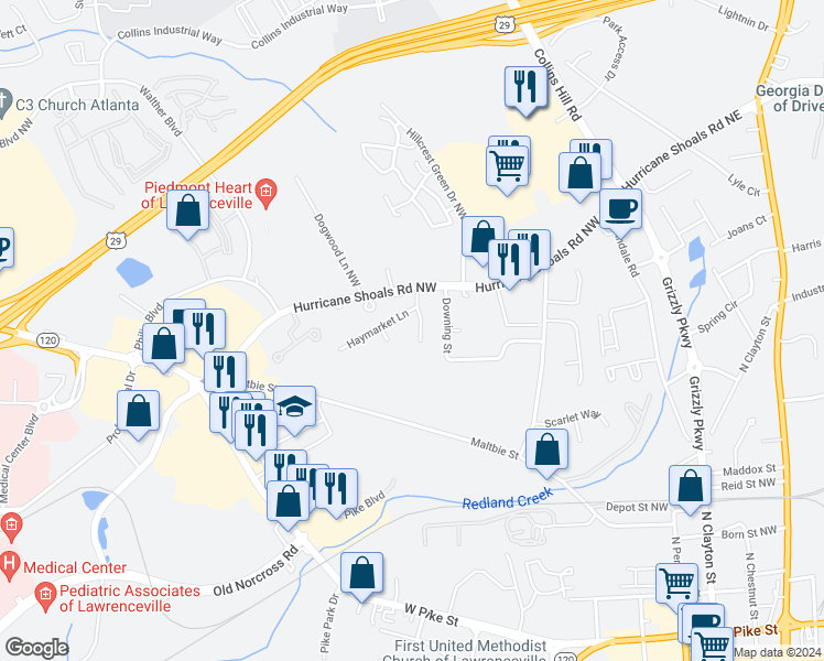 map of restaurants, bars, coffee shops, grocery stores, and more near 538 Whitehall Lane in Lawrenceville