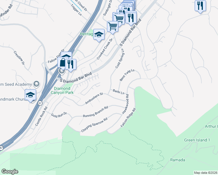 map of restaurants, bars, coffee shops, grocery stores, and more near 21494 Cold Spring Lane in Diamond Bar