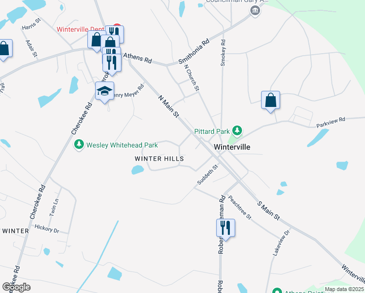 map of restaurants, bars, coffee shops, grocery stores, and more near 107 Winter Hill Drive in Winterville