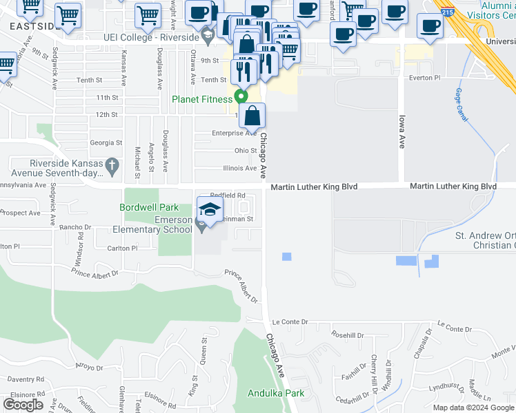map of restaurants, bars, coffee shops, grocery stores, and more near 4544 Filson Street in Riverside