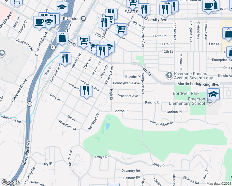 map of restaurants, bars, coffee shops, grocery stores, and more near 4561 High Street in Riverside