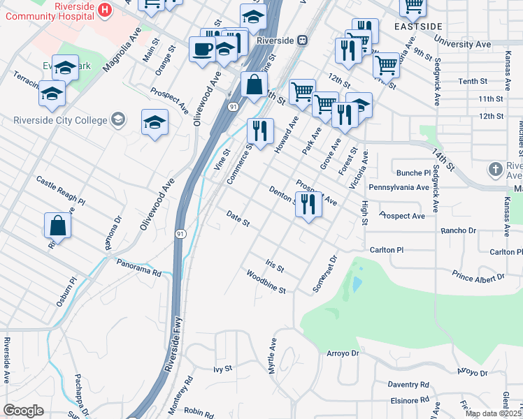 map of restaurants, bars, coffee shops, grocery stores, and more near 2943 Cridge Street in Riverside