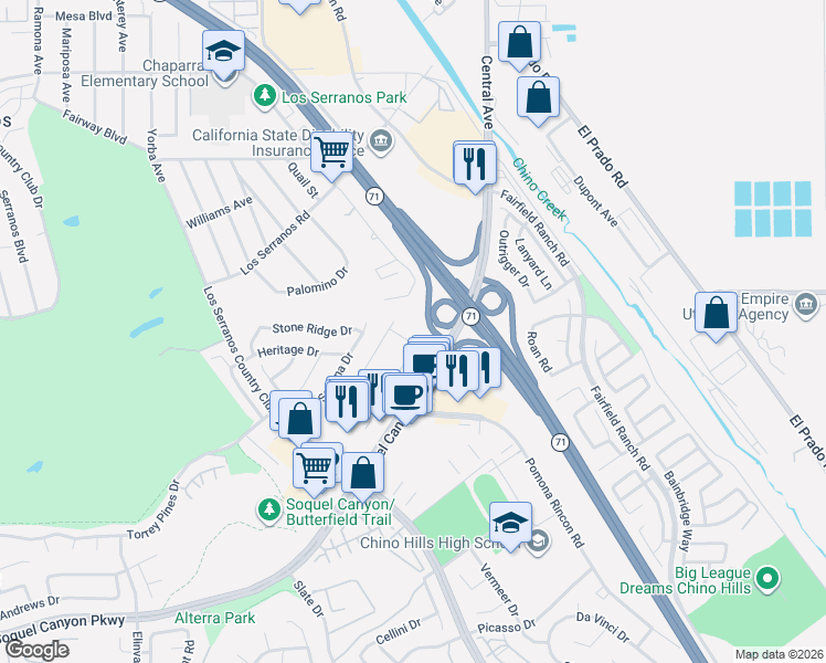 map of restaurants, bars, coffee shops, grocery stores, and more near 5192 Arlington Drive in Chino Hills