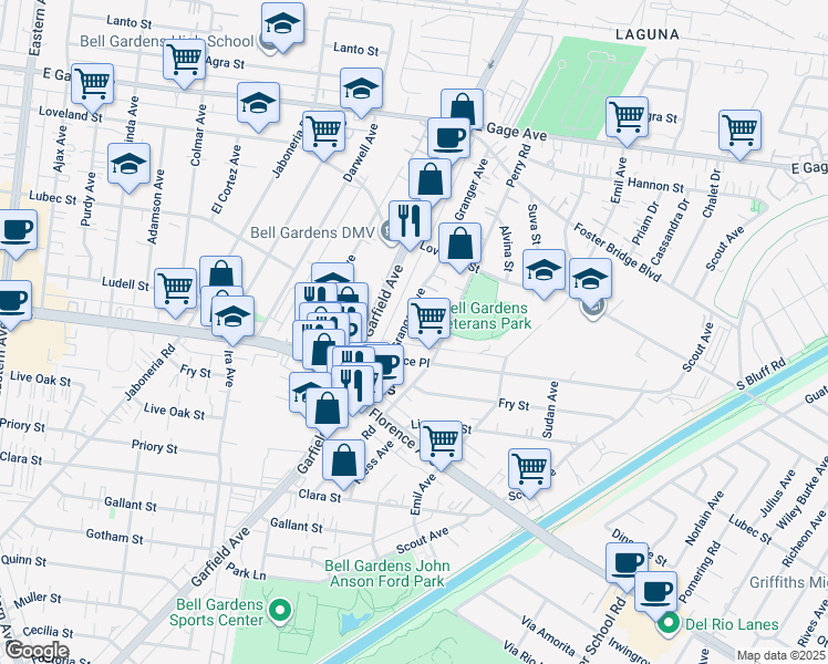 map of restaurants, bars, coffee shops, grocery stores, and more near 7104 Granger Avenue in Bell Gardens