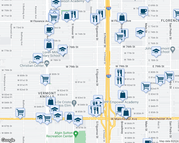 map of restaurants, bars, coffee shops, grocery stores, and more near 540 West 79th Street in Los Angeles
