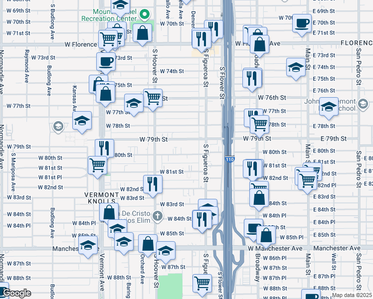 map of restaurants, bars, coffee shops, grocery stores, and more near 540 West 79th Street in Los Angeles