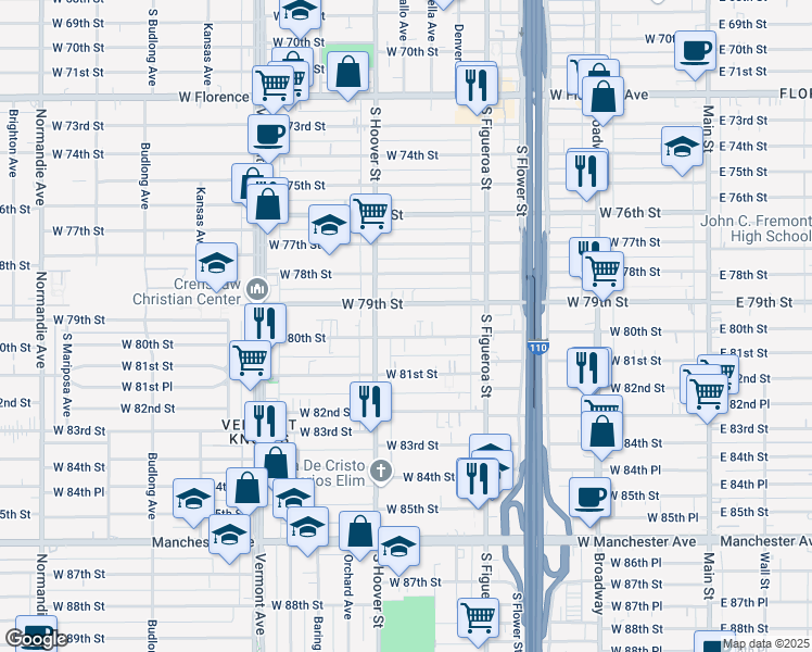 map of restaurants, bars, coffee shops, grocery stores, and more near 704 West 79th Street in Los Angeles