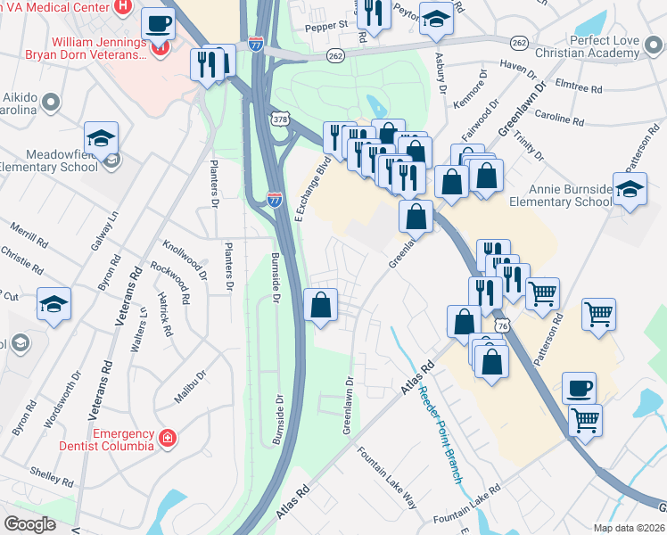 map of restaurants, bars, coffee shops, grocery stores, and more near 250 East Exchange Boulevard in Columbia