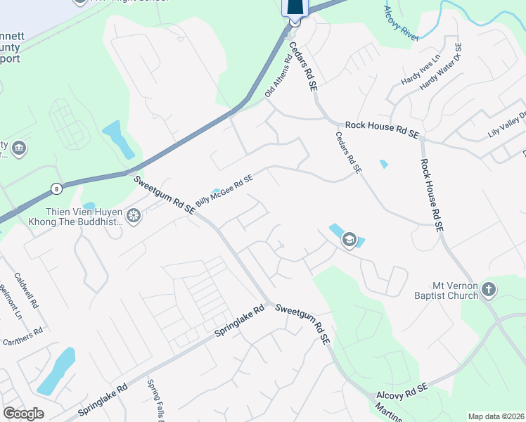 map of restaurants, bars, coffee shops, grocery stores, and more near 1042 Wallace Hill Ridge Southeast in Lawrenceville