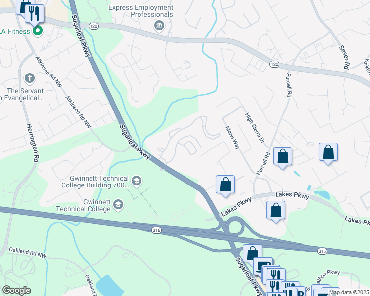 map of restaurants, bars, coffee shops, grocery stores, and more near 5355 Sugarloaf Parkway in Lawrenceville