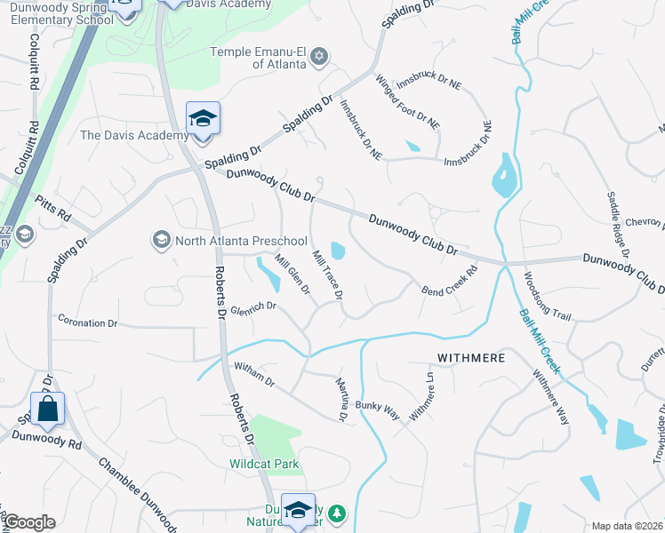 map of restaurants, bars, coffee shops, grocery stores, and more near 5640 Mill Trace Drive in Dunwoody