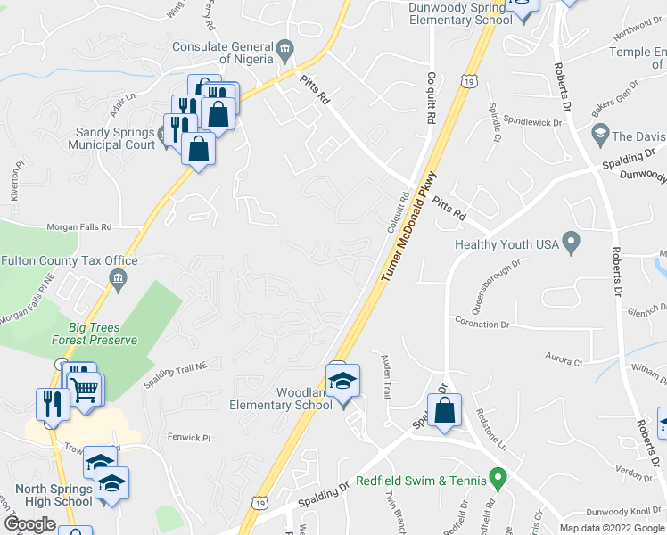 map of restaurants, bars, coffee shops, grocery stores, and more near 3001 Wingate Way in Sandy Springs