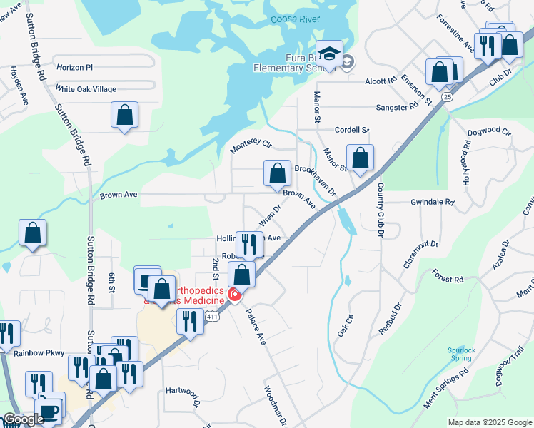 map of restaurants, bars, coffee shops, grocery stores, and more near 2709 Wren Drive in Rainbow City