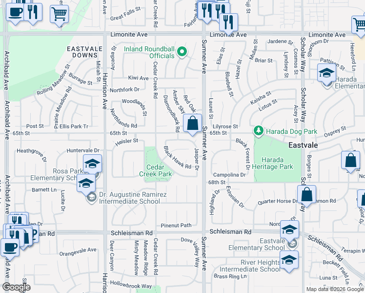 map of restaurants, bars, coffee shops, grocery stores, and more near 13465 Aspen Grove Road in Corona