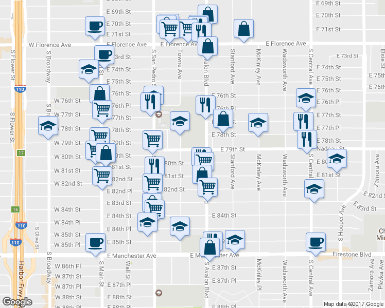 map of restaurants, bars, coffee shops, grocery stores, and more near 426 East 79th Street in Los Angeles