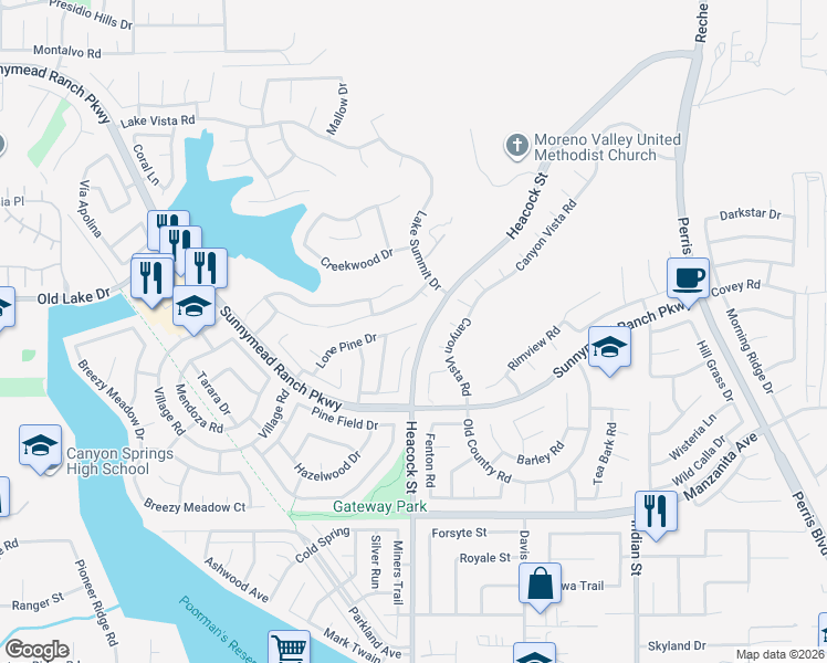 map of restaurants, bars, coffee shops, grocery stores, and more near 23991 Lone Pine Drive in Moreno Valley