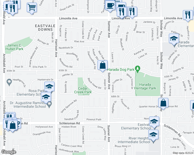 map of restaurants, bars, coffee shops, grocery stores, and more near 13476 Prospector Court in Corona