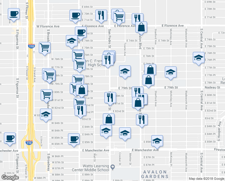 map of restaurants, bars, coffee shops, grocery stores, and more near 7906 San Pedro Street in Los Angeles