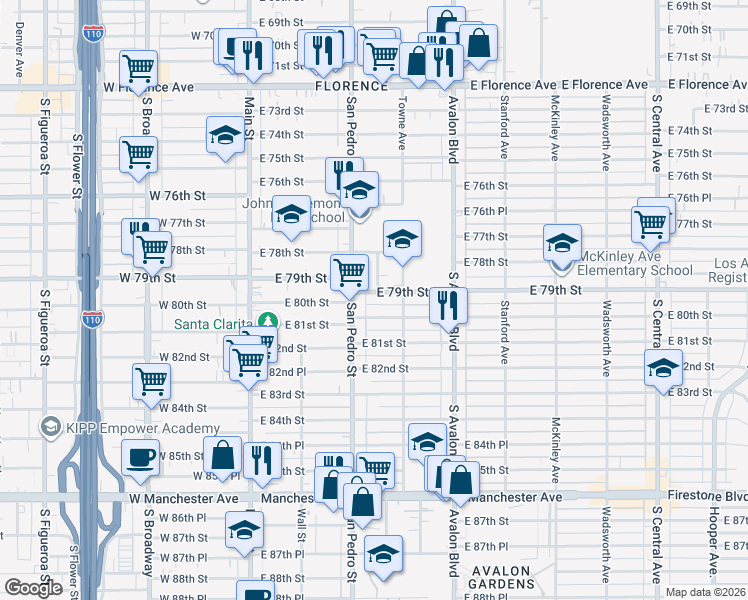 map of restaurants, bars, coffee shops, grocery stores, and more near 307 East 79th Street in Los Angeles