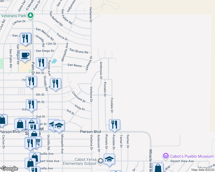 map of restaurants, bars, coffee shops, grocery stores, and more near 11190 Pomelo Drive in Desert Hot Springs