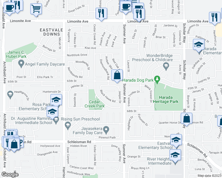 map of restaurants, bars, coffee shops, grocery stores, and more near 13476 Prospector Court in Corona