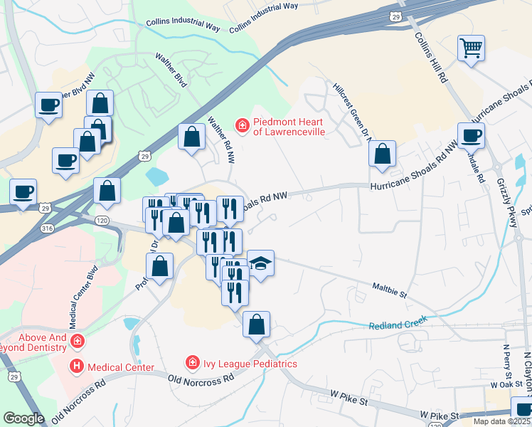 map of restaurants, bars, coffee shops, grocery stores, and more near 210 Bridge Way in Lawrenceville