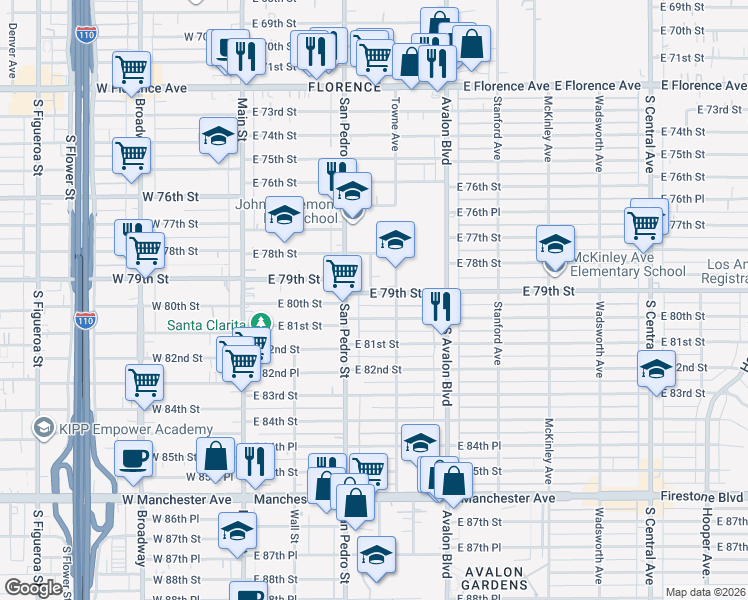 map of restaurants, bars, coffee shops, grocery stores, and more near 332 East 79th Street in Los Angeles
