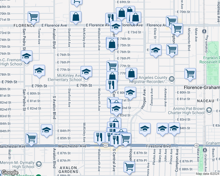 map of restaurants, bars, coffee shops, grocery stores, and more near 1018 East 79th Street in Los Angeles