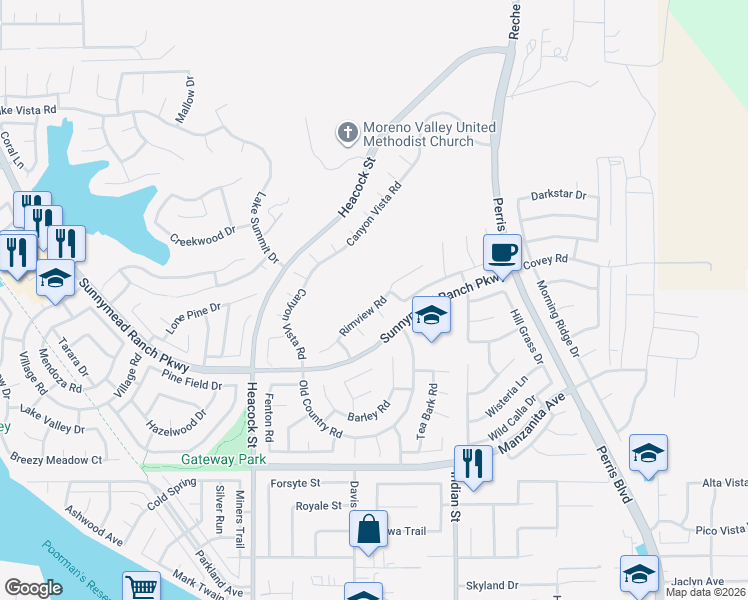 map of restaurants, bars, coffee shops, grocery stores, and more near 24298 Rimview Road in Moreno Valley