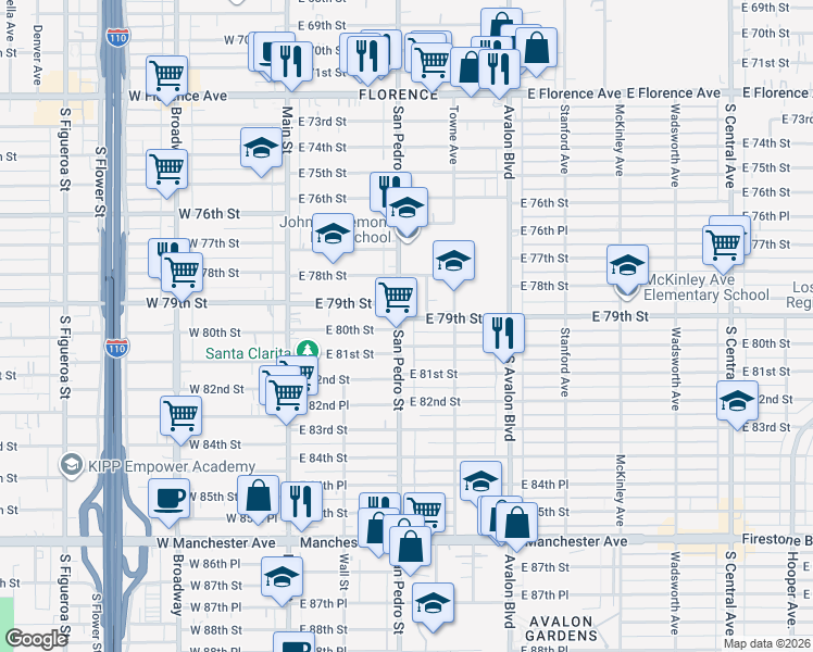 map of restaurants, bars, coffee shops, grocery stores, and more near 7906 San Pedro Street in Los Angeles