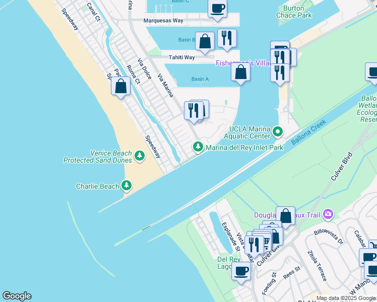map of restaurants, bars, coffee shops, grocery stores, and more near 122 Channel Pointe Court in Marina del Rey