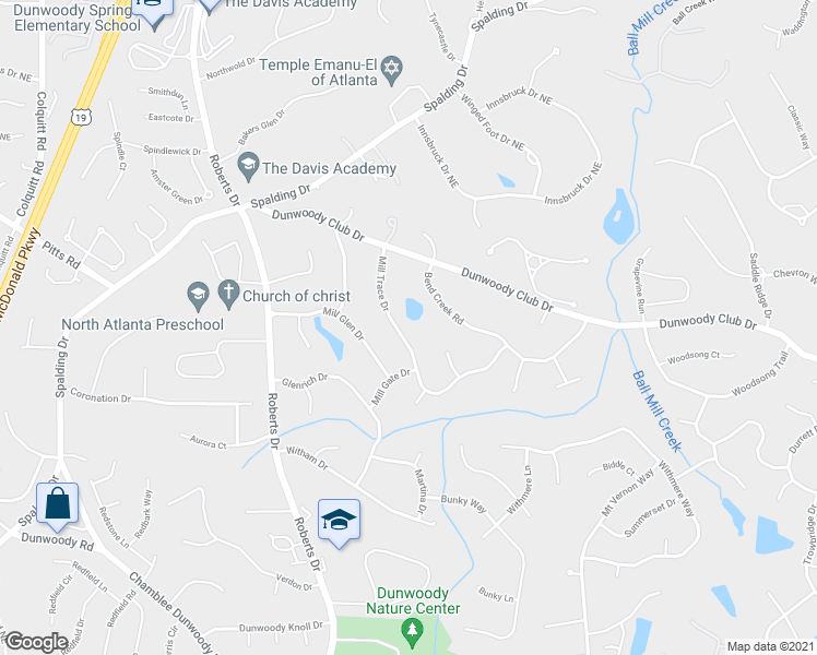 map of restaurants, bars, coffee shops, grocery stores, and more near 5640 Mill Trace Drive in Dunwoody