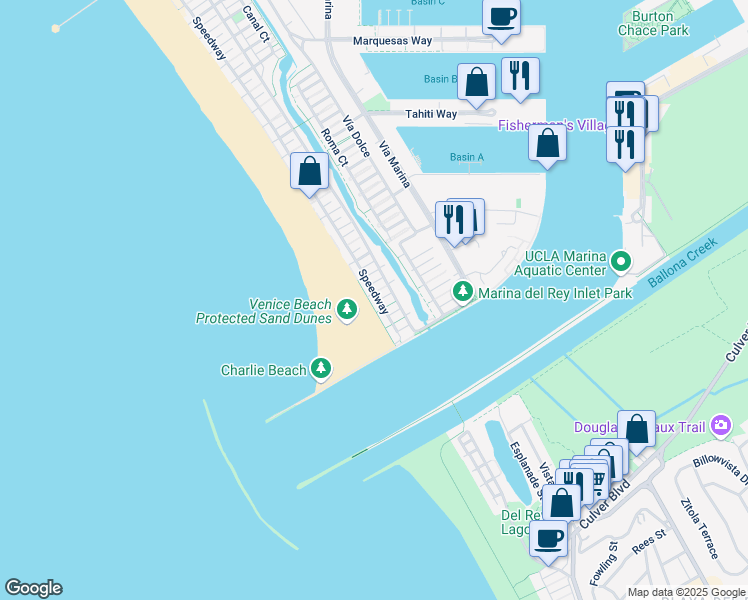map of restaurants, bars, coffee shops, grocery stores, and more near 30 Voyage Street in Marina del Rey