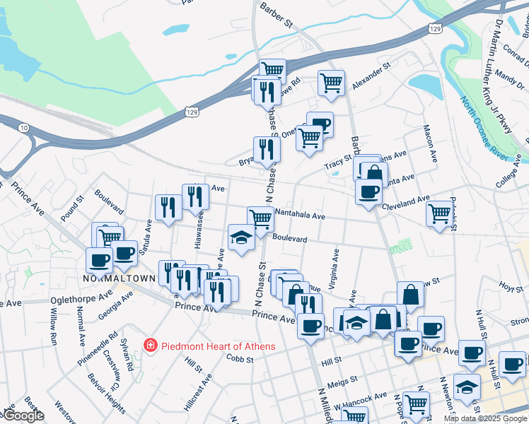 map of restaurants, bars, coffee shops, grocery stores, and more near 897 N Chase St in Athens