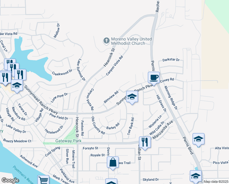 map of restaurants, bars, coffee shops, grocery stores, and more near 24298 Rimview Road in Moreno Valley