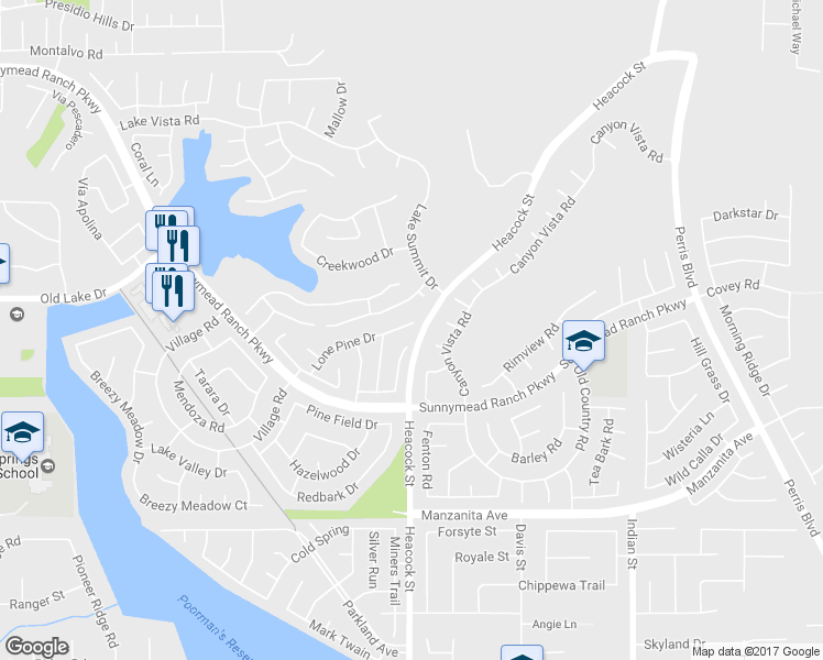 map of restaurants, bars, coffee shops, grocery stores, and more near 23991 Lone Pine Drive in Moreno Valley