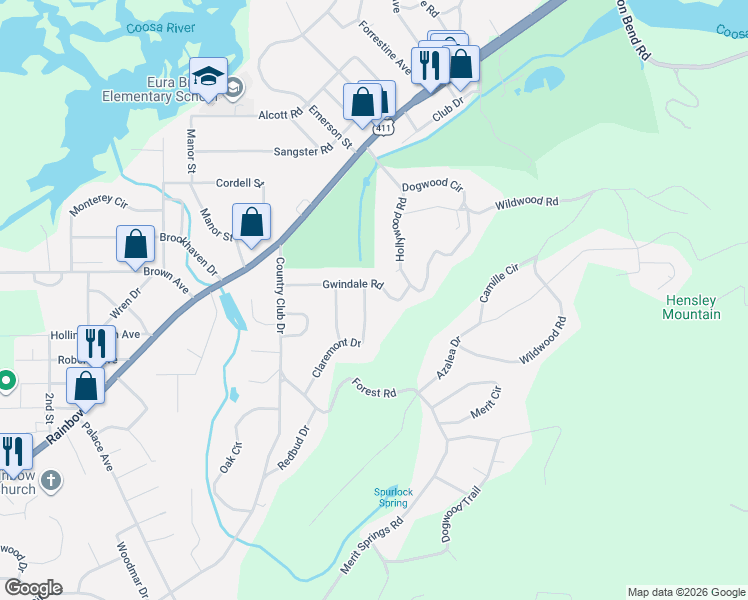 map of restaurants, bars, coffee shops, grocery stores, and more near 301 Gwindale Road in Gadsden