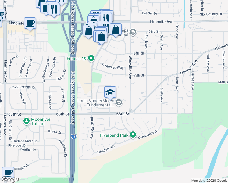 map of restaurants, bars, coffee shops, grocery stores, and more near 6654 Carnelian Street in Jurupa Valley