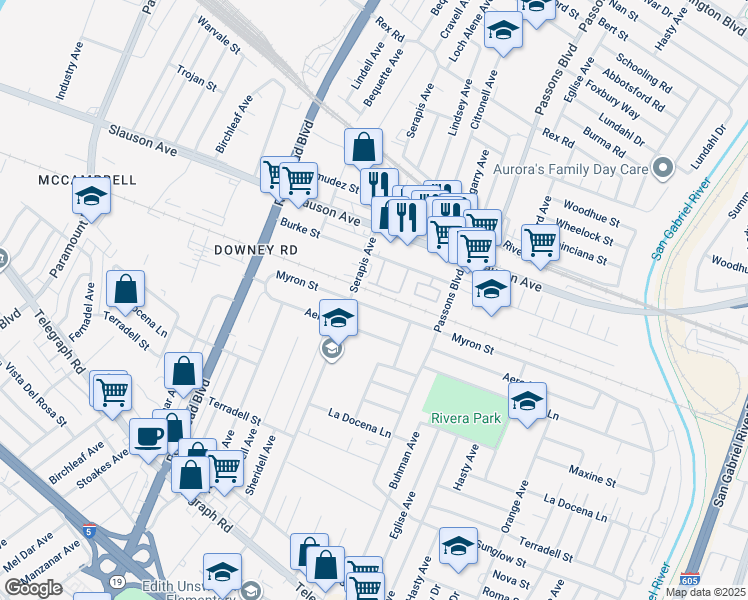 map of restaurants, bars, coffee shops, grocery stores, and more near 9225 Myron Street in Pico Rivera