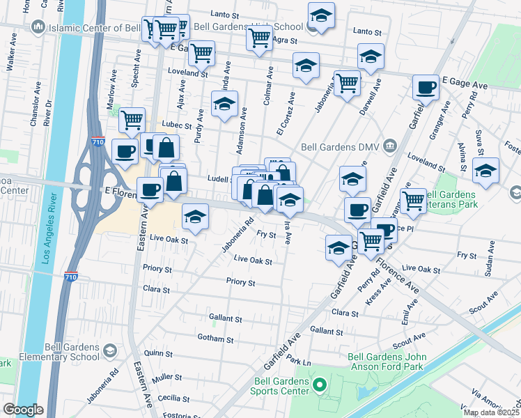 map of restaurants, bars, coffee shops, grocery stores, and more near Jaboneria Rd & Florence Ave in Bell Gardens