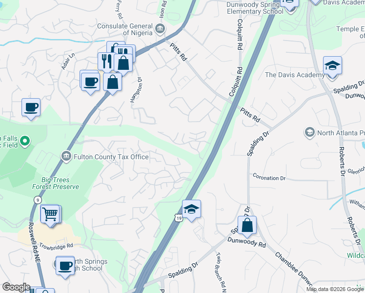 map of restaurants, bars, coffee shops, grocery stores, and more near 3001 Wingate Way in Sandy Springs