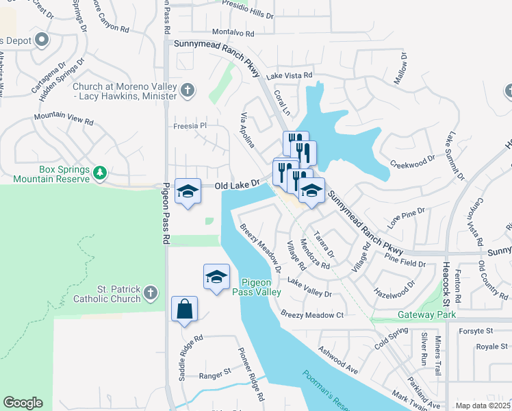 map of restaurants, bars, coffee shops, grocery stores, and more near 23314 Stony Creek Way in Moreno Valley
