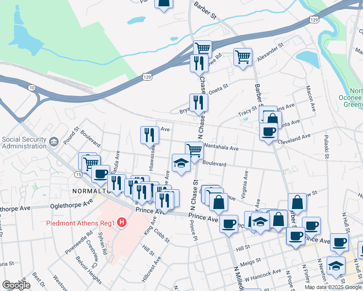 map of restaurants, bars, coffee shops, grocery stores, and more near 565 Nantahala Avenue in Athens