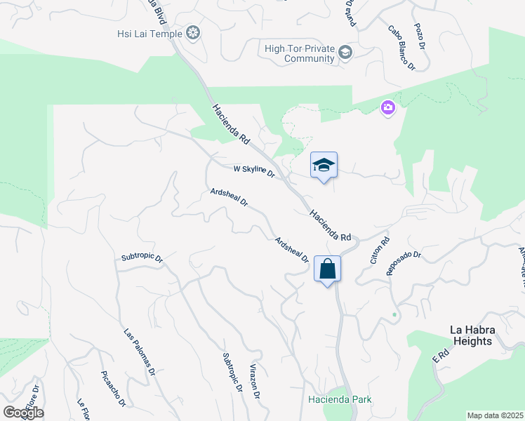 map of restaurants, bars, coffee shops, grocery stores, and more near 2480 Ardsheal Drive in La Habra Heights