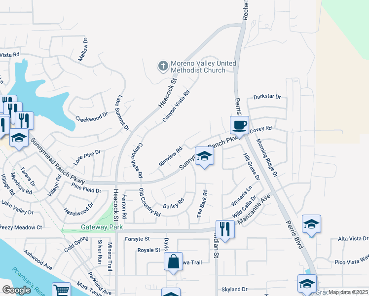map of restaurants, bars, coffee shops, grocery stores, and more near 24321 Rimview Road in Moreno Valley