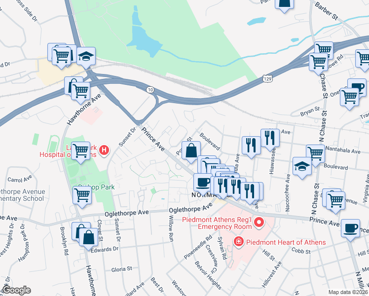 map of restaurants, bars, coffee shops, grocery stores, and more near 120 Sylvia Circle in Athens