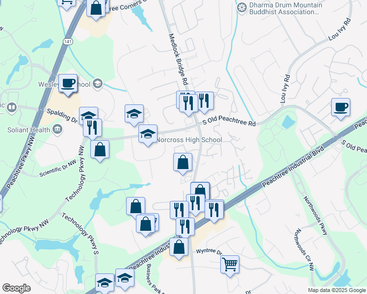 map of restaurants, bars, coffee shops, grocery stores, and more near 3175 Rock Port Circle in Norcross